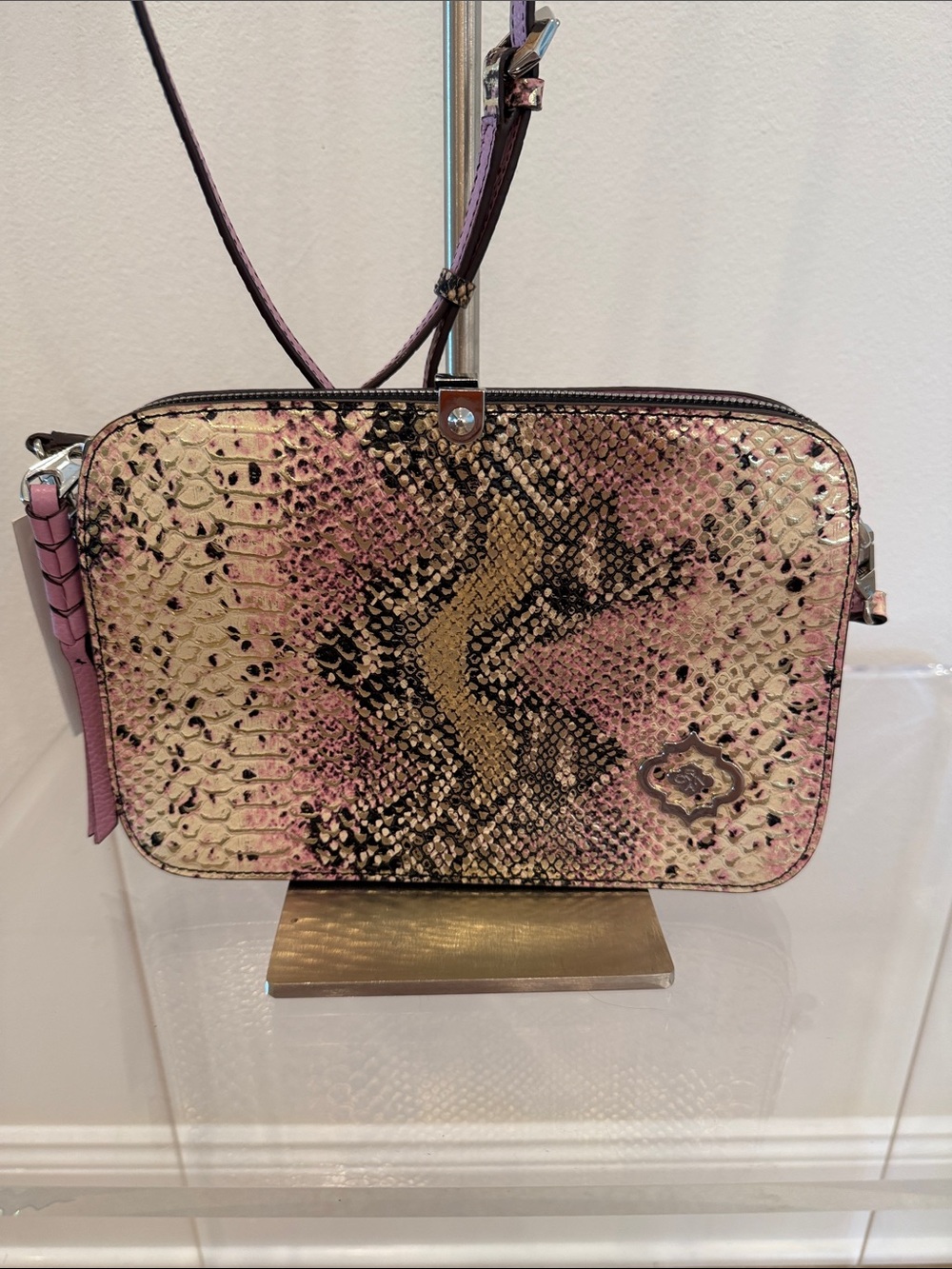 orYANY Pink and Gold Snake-Print Leather Crossbody Bag